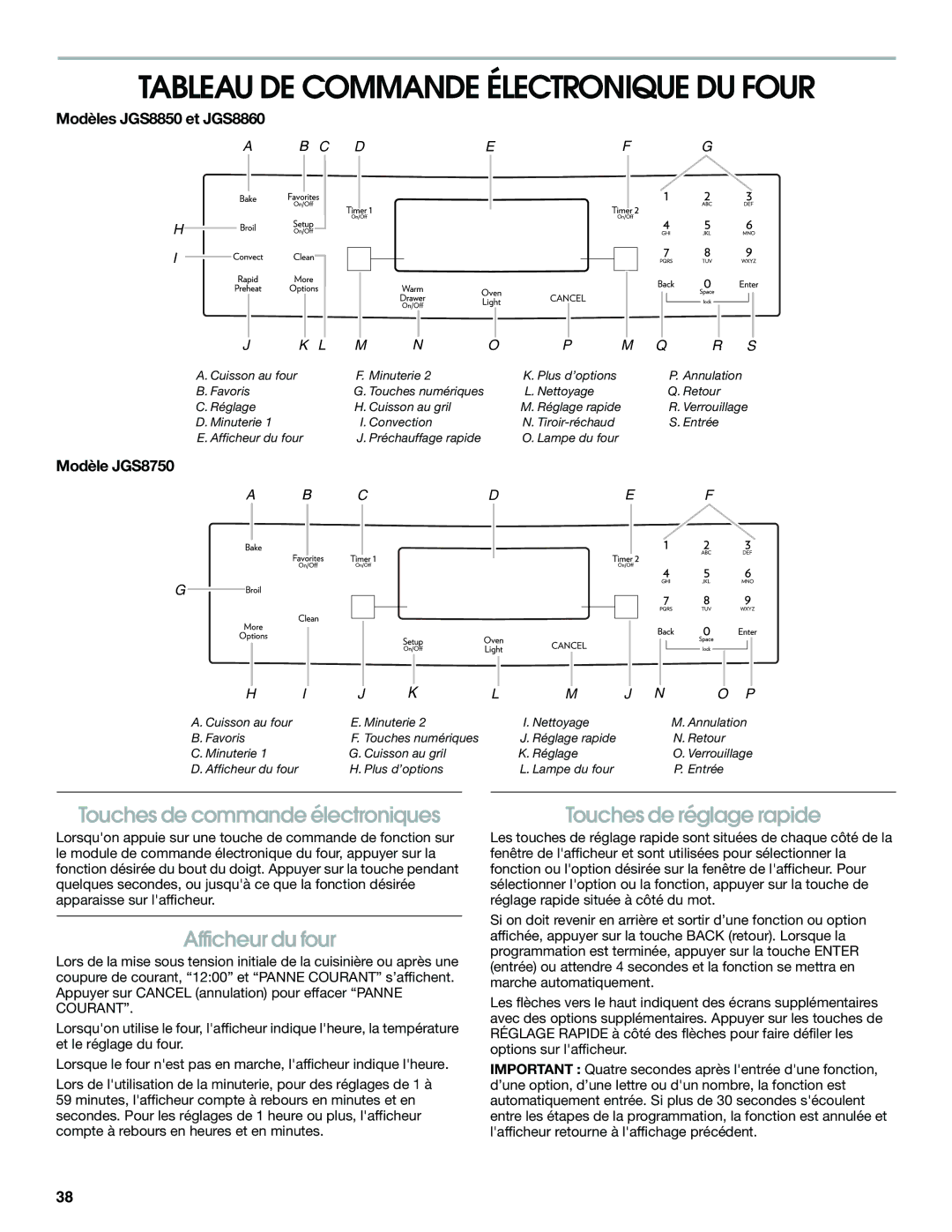 Jenn-Air manual Tableau DE Commande Électronique DU Four, Afficheur du four, Modèles JGS8850 et JGS8860, Modèle JGS8750 