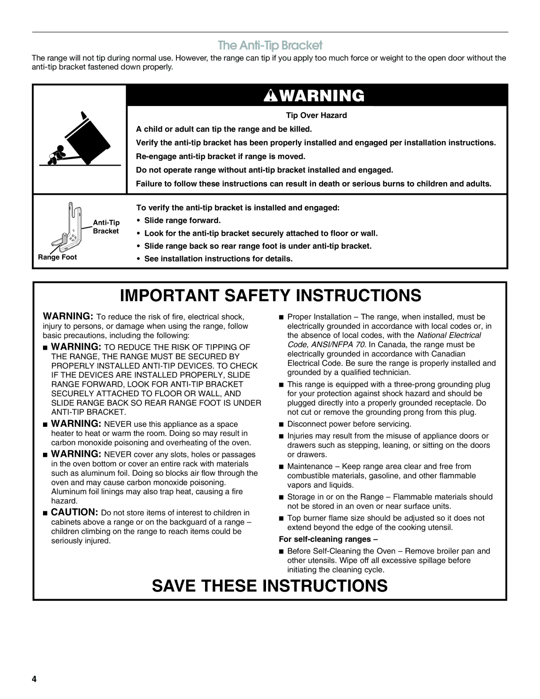 Jenn-Air JGS8860, JGS8850, JGS8750 manual Important Safety Instructions, Anti-Tip Bracket 