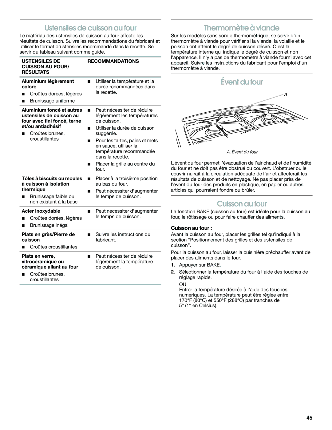 Jenn-Air JGS8850, JGS8860, JGS8750 manual Ustensiles de cuisson au four, Thermomètre à viande, Évent du four, Cuisson au four 