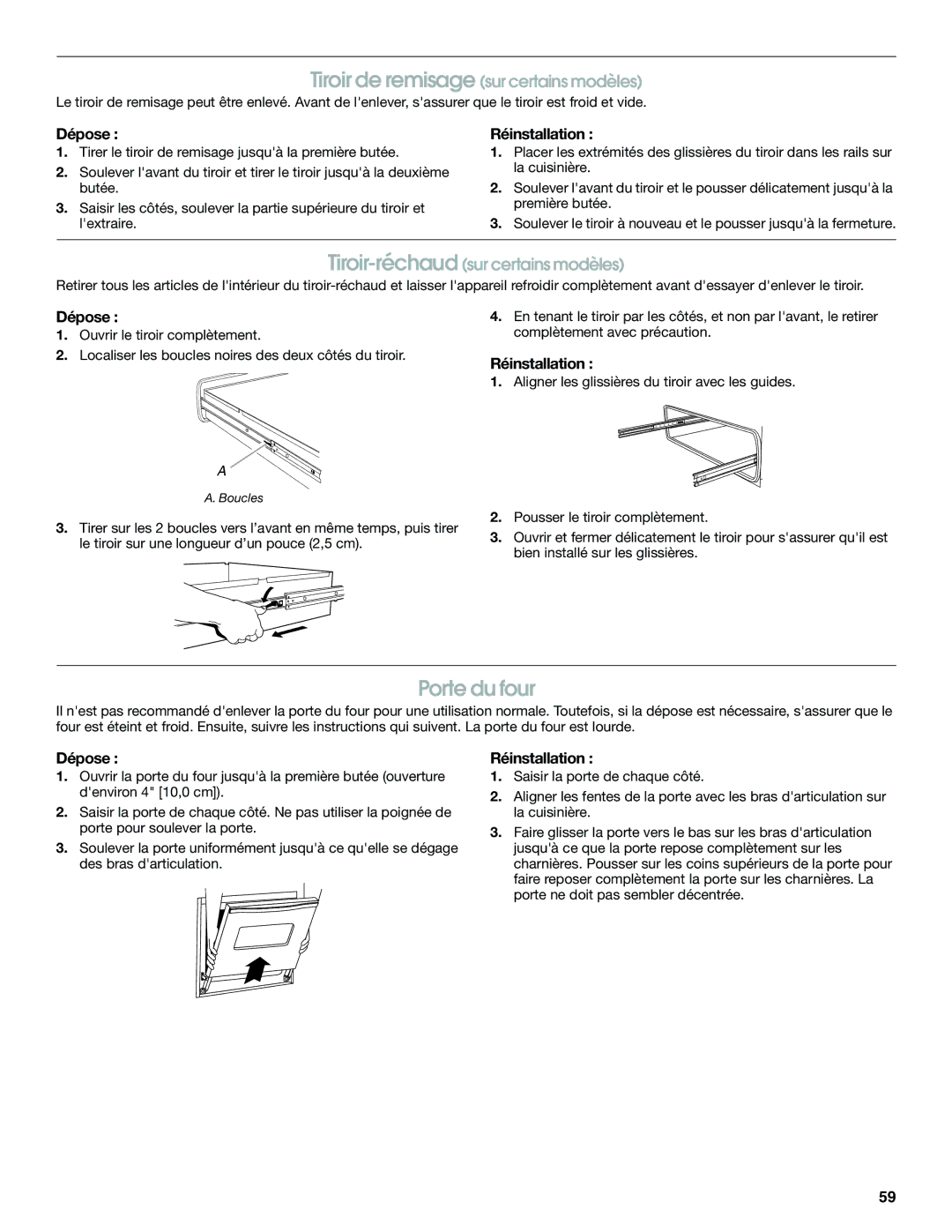 Jenn-Air JGS8750, JGS8850, JGS8860 manual Porte du four, Dépose, Réinstallation 