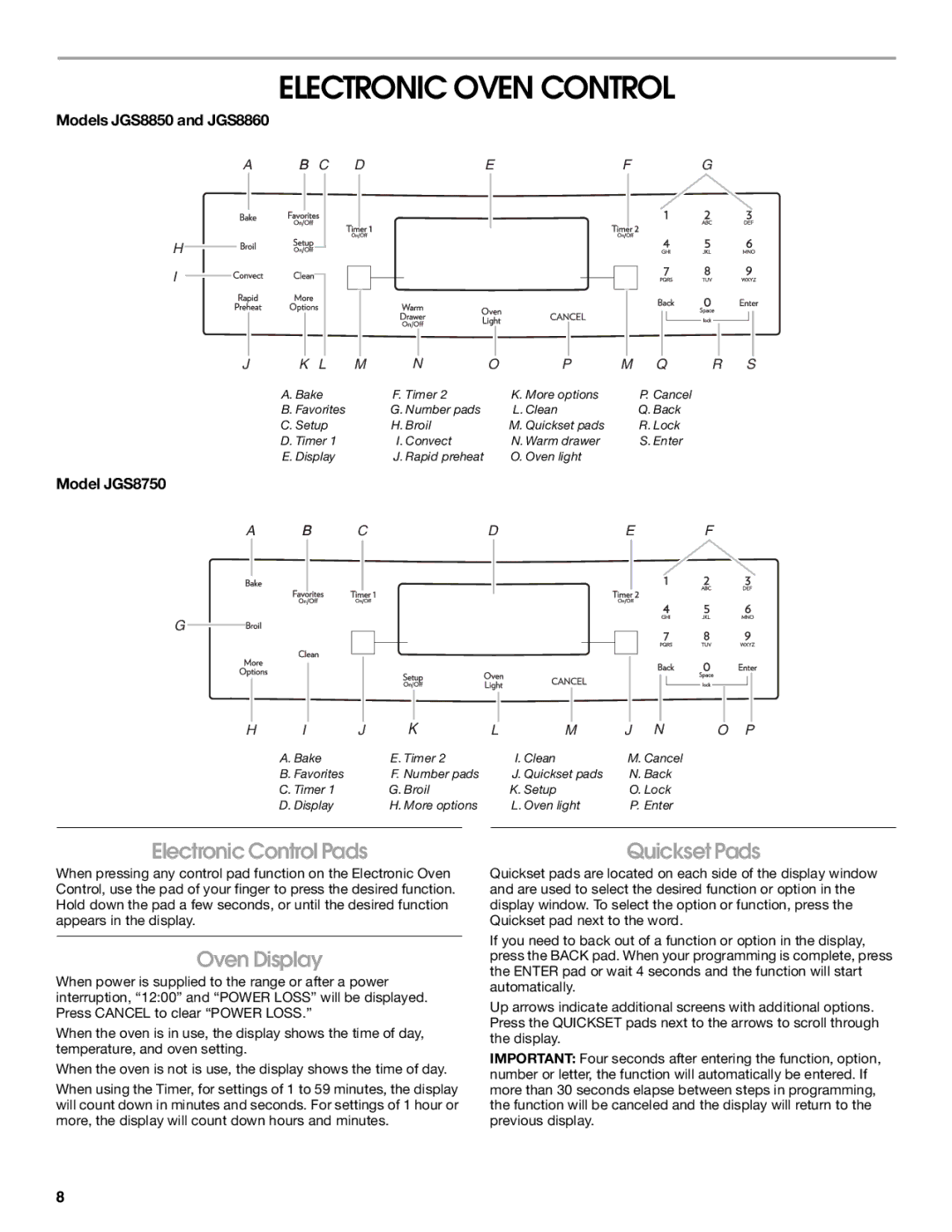 Jenn-Air manual Electronic Oven Control, Oven Display, Models JGS8850 and JGS8860, Model JGS8750 