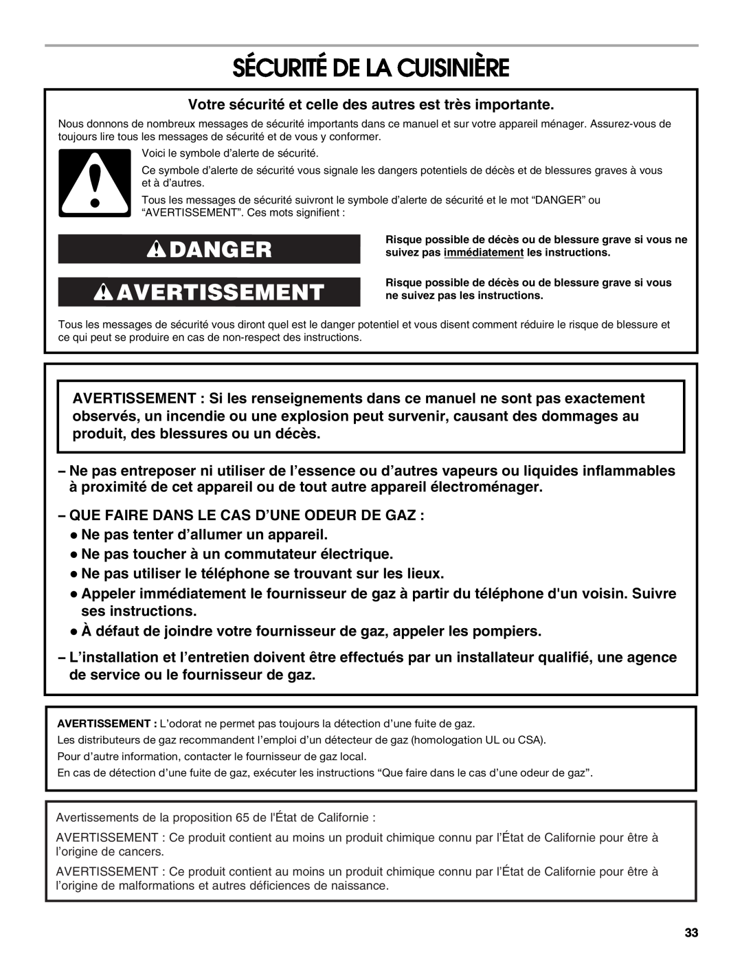 Jenn-Air JGS8850, JGS8860, JGS8750 manual Sécurité De La Cuisinière, Danger Avertissement 