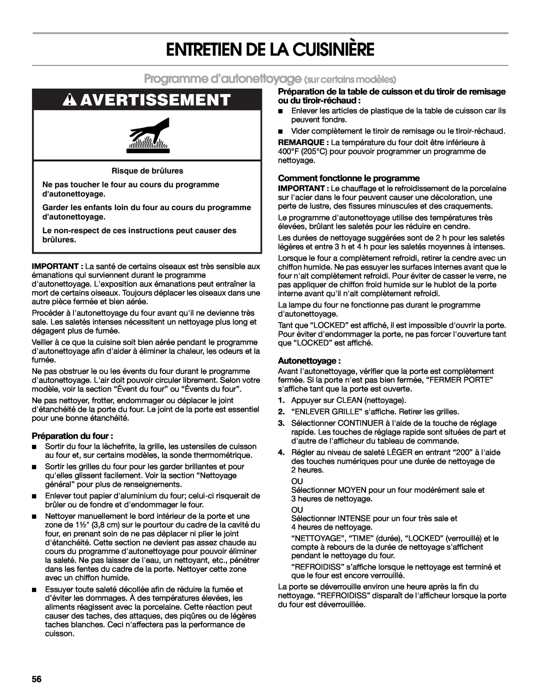 Jenn-Air JGS8750 Entretien De La Cuisinière, Programme d’autonettoyage sur certains modèles, Avertissement, Autonettoyage 