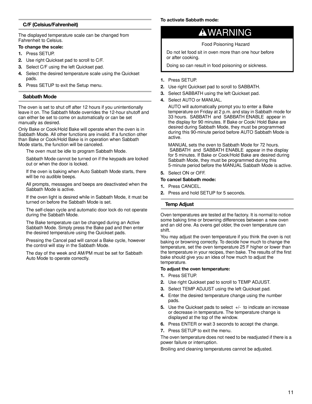 Jenn-Air JGS8860, JGS8850 manual Celsius/Fahrenheit, Sabbath Mode, Temp Adjust 