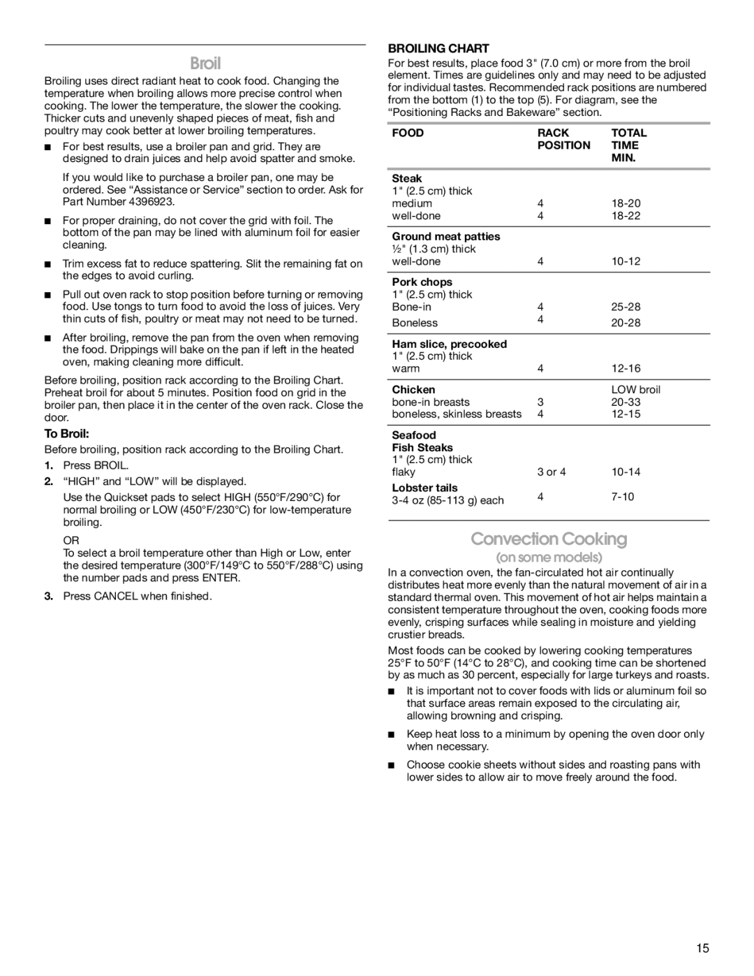 Jenn-Air JGS8860, JGS8850 manual Convection Cooking, To Broil, Broiling Chart, Food Rack Total Position Time MIN 
