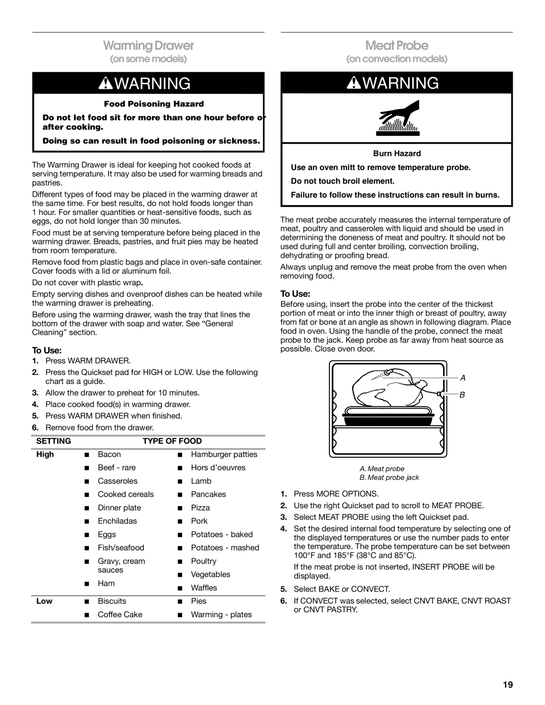 Jenn-Air JGS8860, JGS8850 manual Warming Drawer, Meat Probe, Setting Type of Food, High 