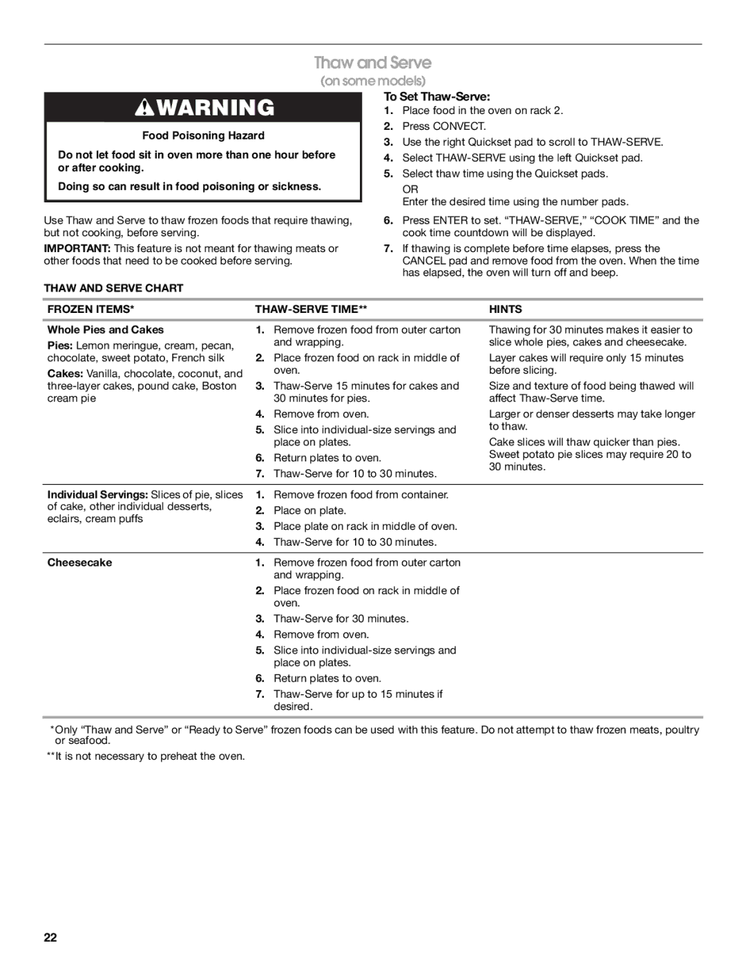 Jenn-Air JGS8850, JGS8860 manual To Set Thaw-Serve, Thaw and Serve Chart, Frozen Items THAW-SERVE Time Hints 