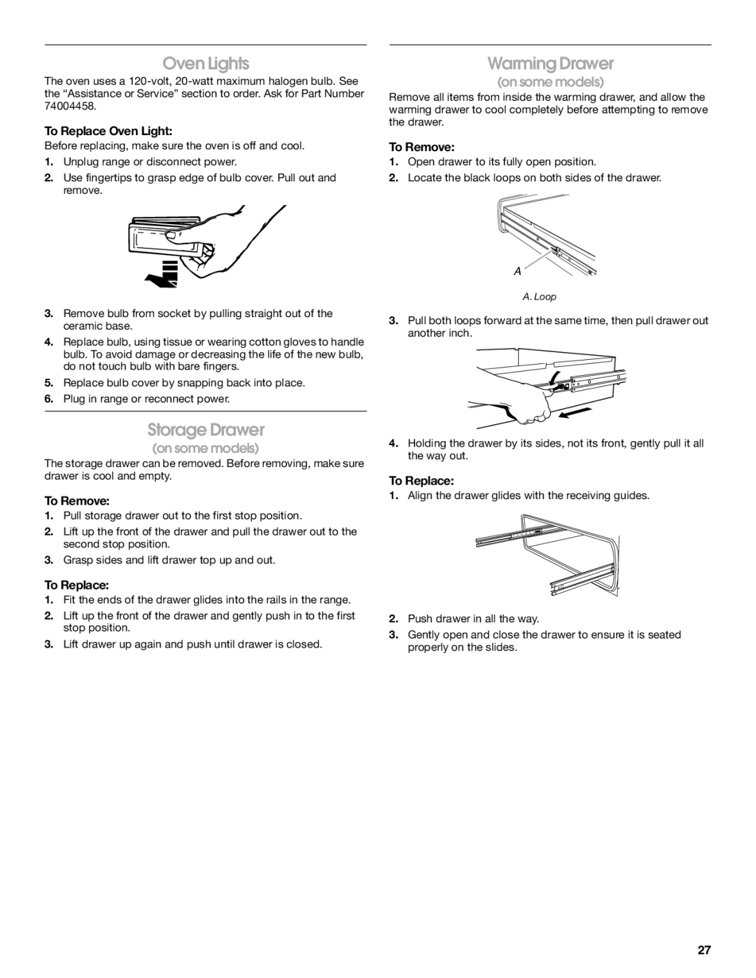 Jenn-Air JGS8860, JGS8850 manual Oven Lights, Storage Drawer, To Replace Oven Light, To Remove 