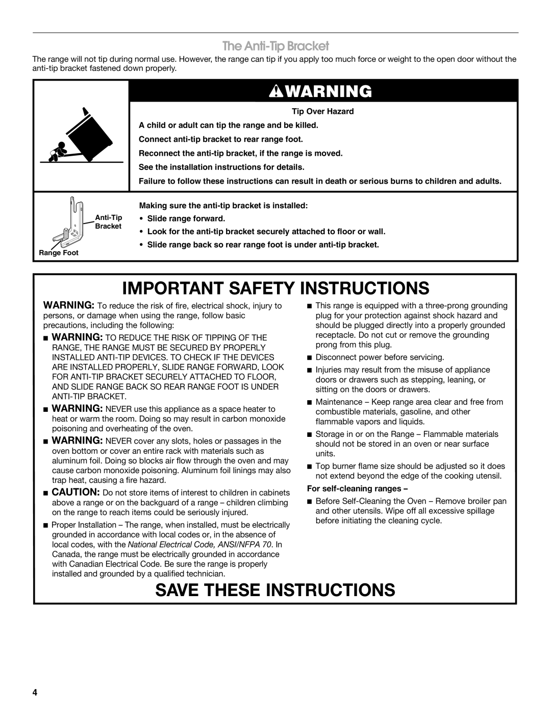 Jenn-Air JGS8850, JGS8860 manual Anti-Tip Bracket, For self-cleaning ranges 