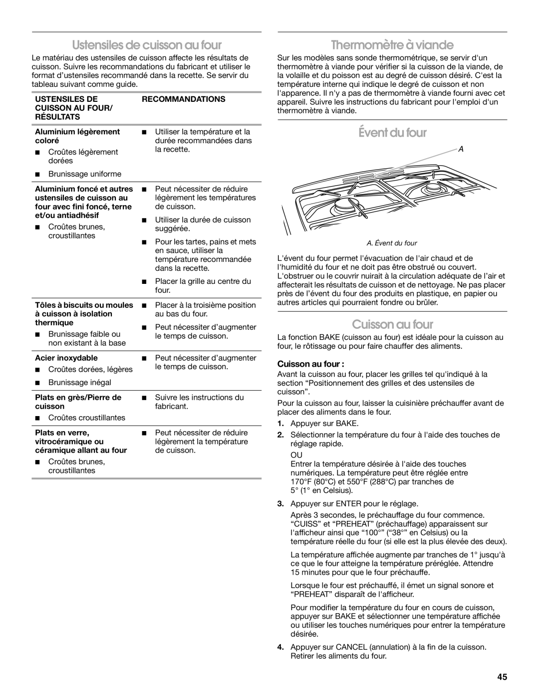 Jenn-Air JGS8860, JGS8850 manual Ustensiles de cuisson au four, Thermomètre à viande, Évent du four, Cuisson au four 