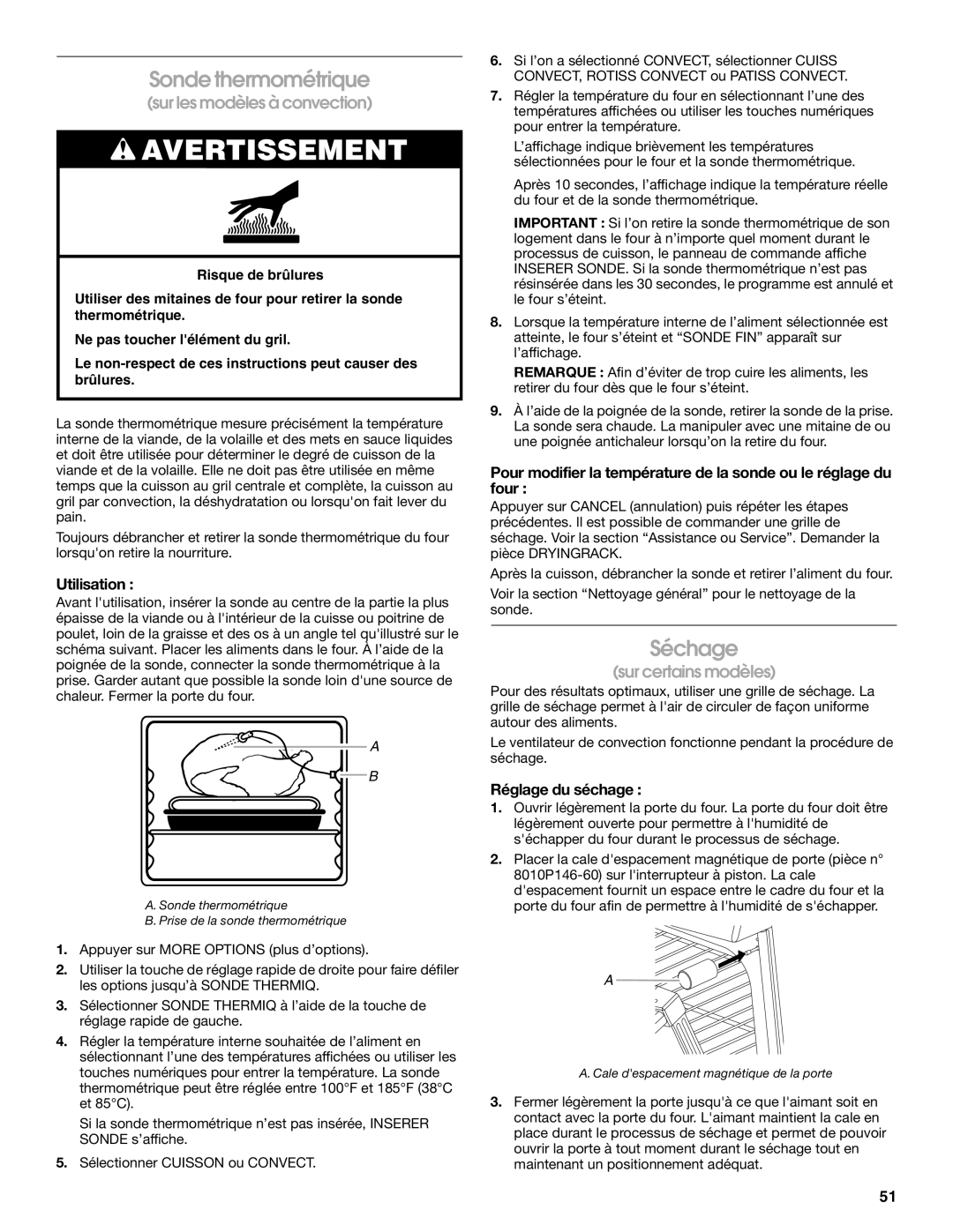 Jenn-Air JGS8860, JGS8850 manual Sonde thermométrique, Séchage, Réglage du séchage 