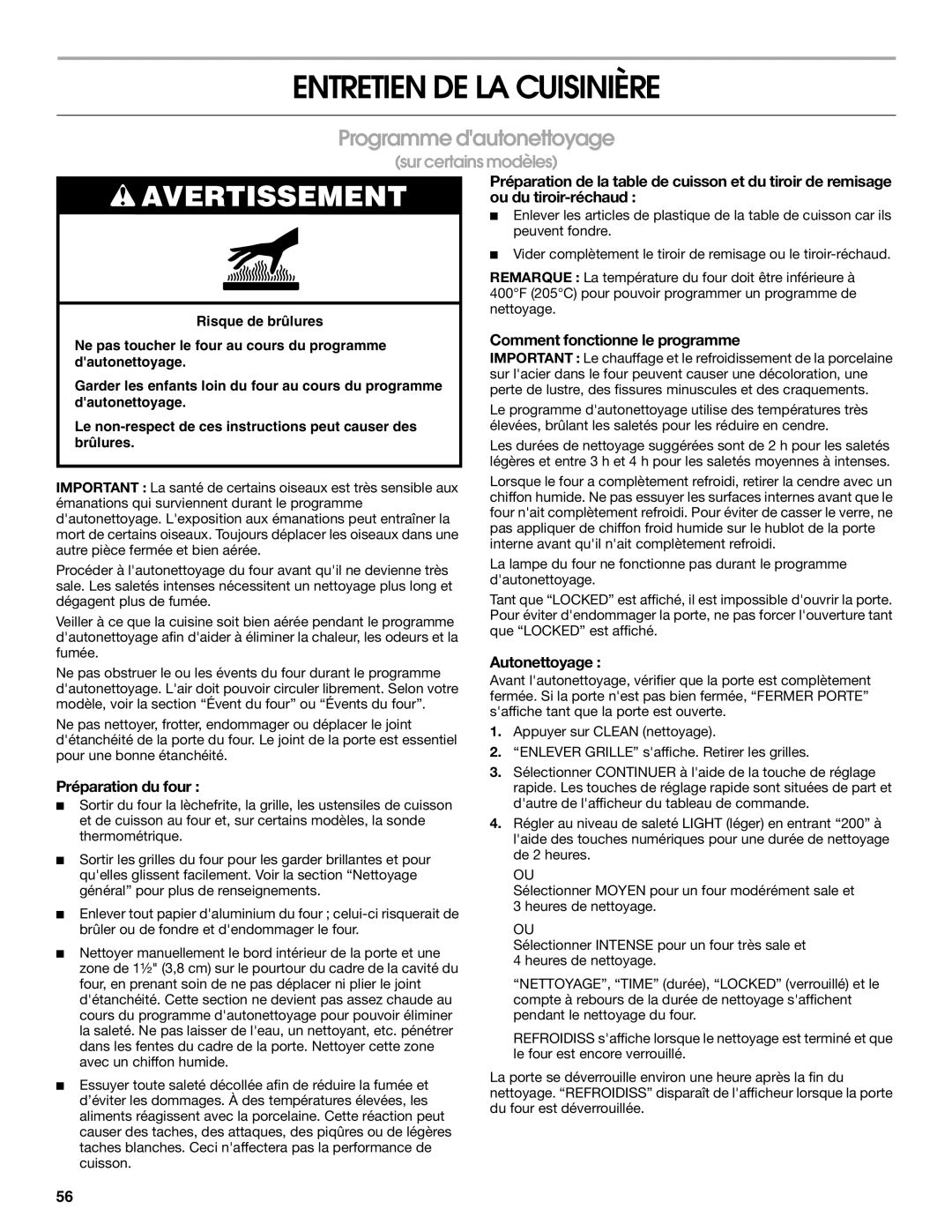 Jenn-Air JGS8850 Entretien DE LA Cuisinière, Programme dautonettoyage, Comment fonctionne le programme, Autonettoyage 