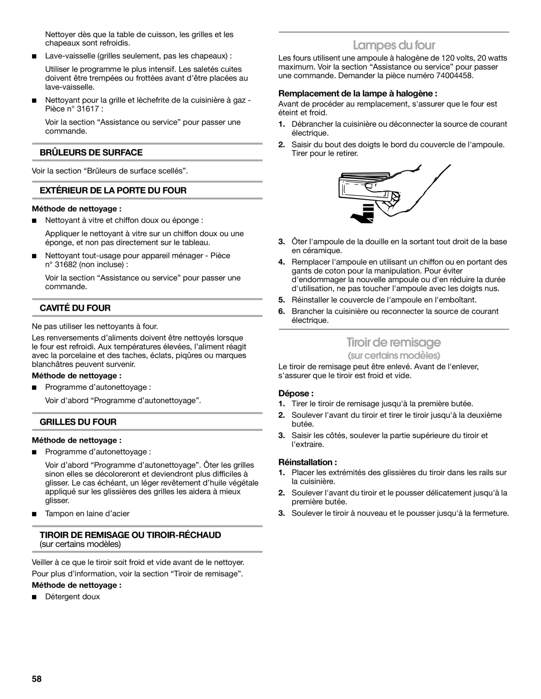 Jenn-Air JGS8850, JGS8860 manual Lampes du four, Tiroir de remisage 