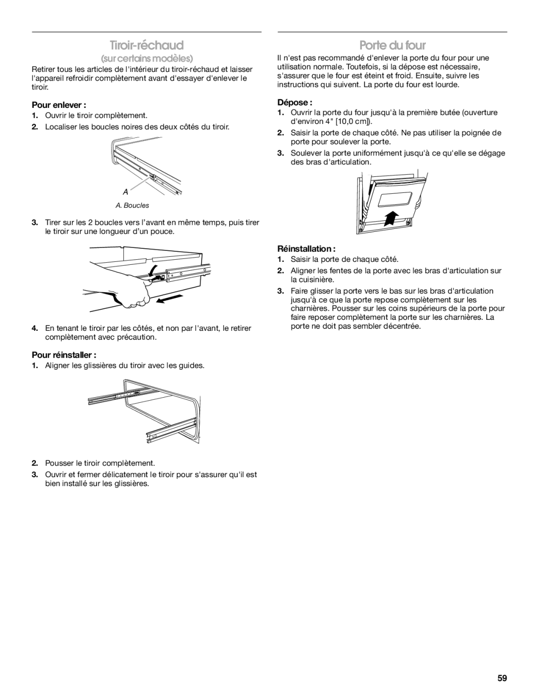 Jenn-Air JGS8860, JGS8850 manual Porte du four, Pour enlever, Pour réinstaller 