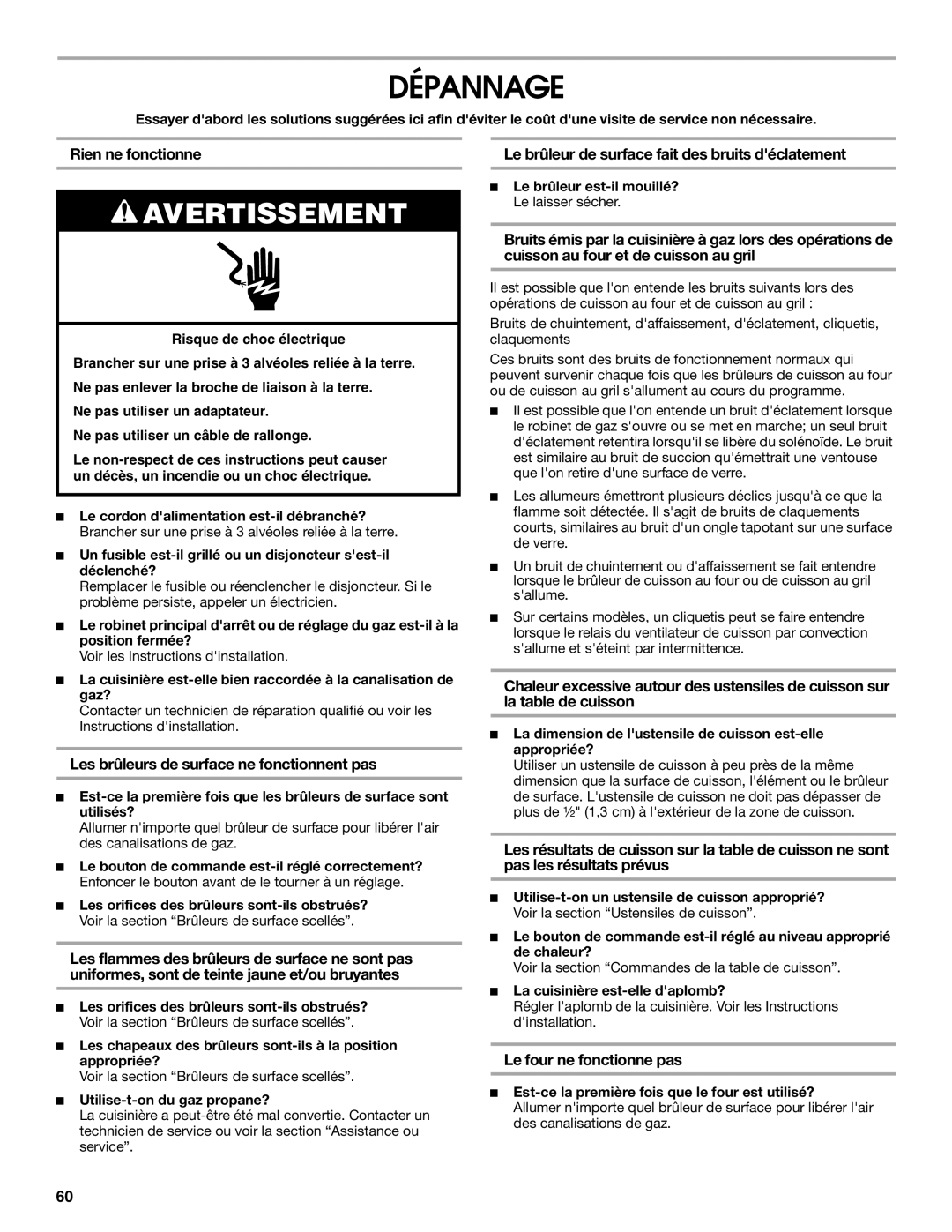 Jenn-Air JGS8850 Dépannage, Rien ne fonctionne, Les brûleurs de surface ne fonctionnent pas, Le four ne fonctionne pas 