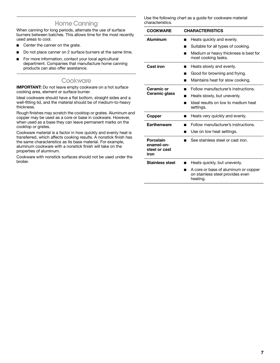 Jenn-Air JGS8860, JGS8850 manual Home Canning, Cookware Characteristics 