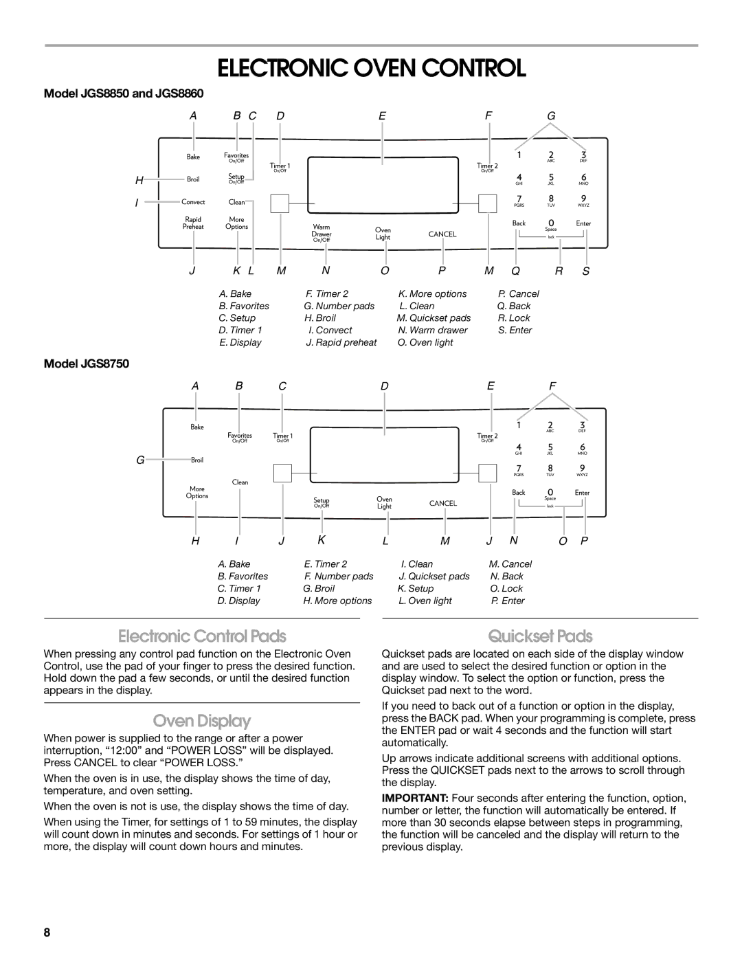 Jenn-Air manual Electronic Oven Control, Oven Display, Model JGS8850 and JGS8860, Model JGS8750 