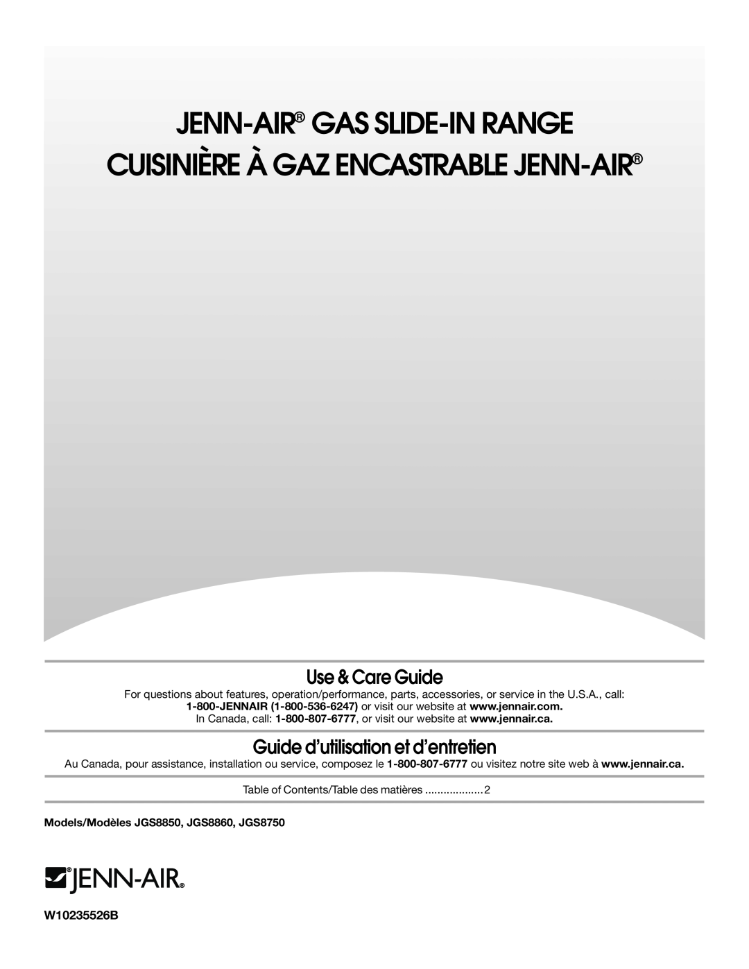Jenn-Air JGS8860 manual Jenn-Air Gas Slide-Inrange, Cuisinière À Gaz Encastrable Jenn-Air, Use & Care Guide, W10430915A 