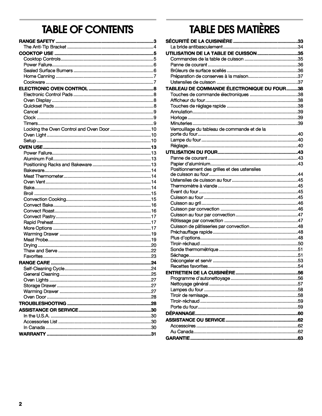 Jenn-Air JGS8850 manual Table Of Contents, Table Des Matières, Range Safety, Cooktop Use, Electronic Oven Control, Oven Use 