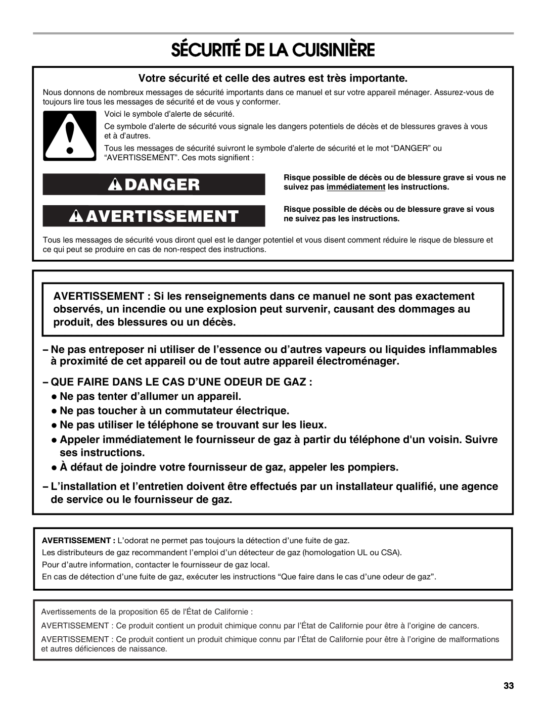 Jenn-Air JGS8860, JGS8850 manual Sécurité De La Cuisinière, Danger Avertissement 