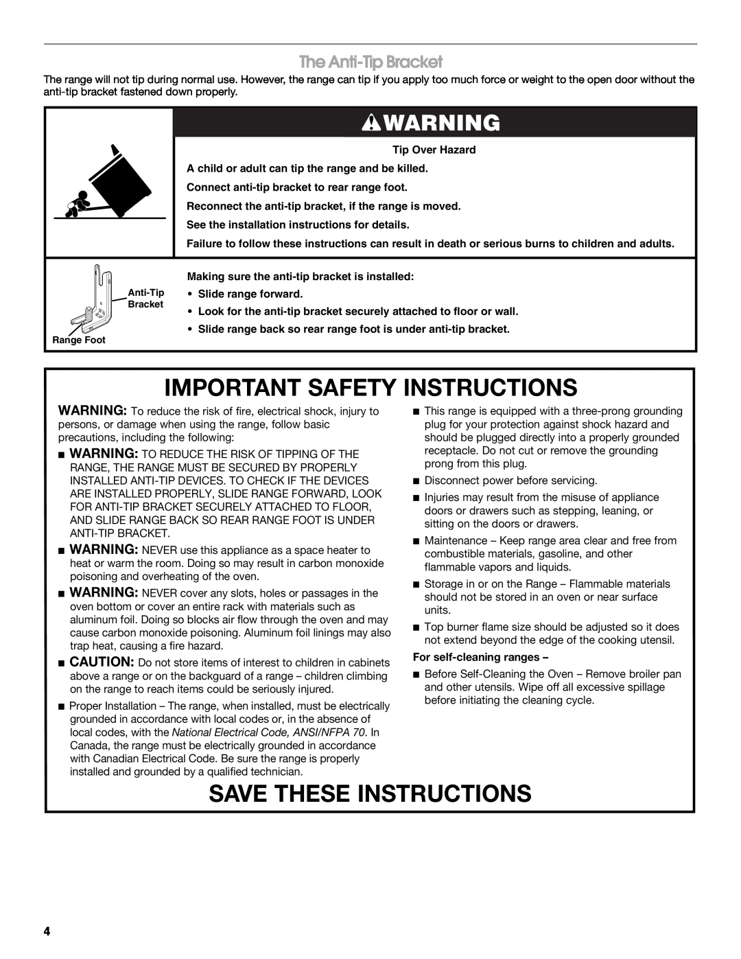 Jenn-Air JGS8850 The Anti-Tip Bracket, Important Safety Instructions, Save These Instructions, For self-cleaning ranges 