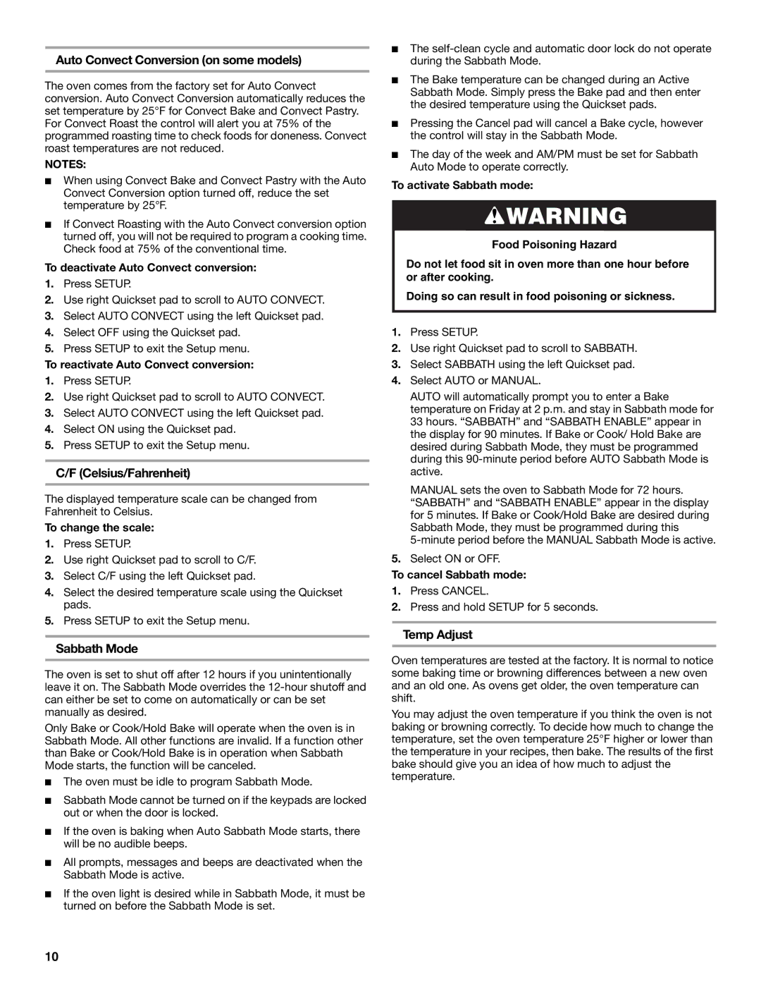 Jenn-Air JGS9900 manual Auto Convect Conversion on some models, Celsius/Fahrenheit, Sabbath Mode, Temp Adjust 