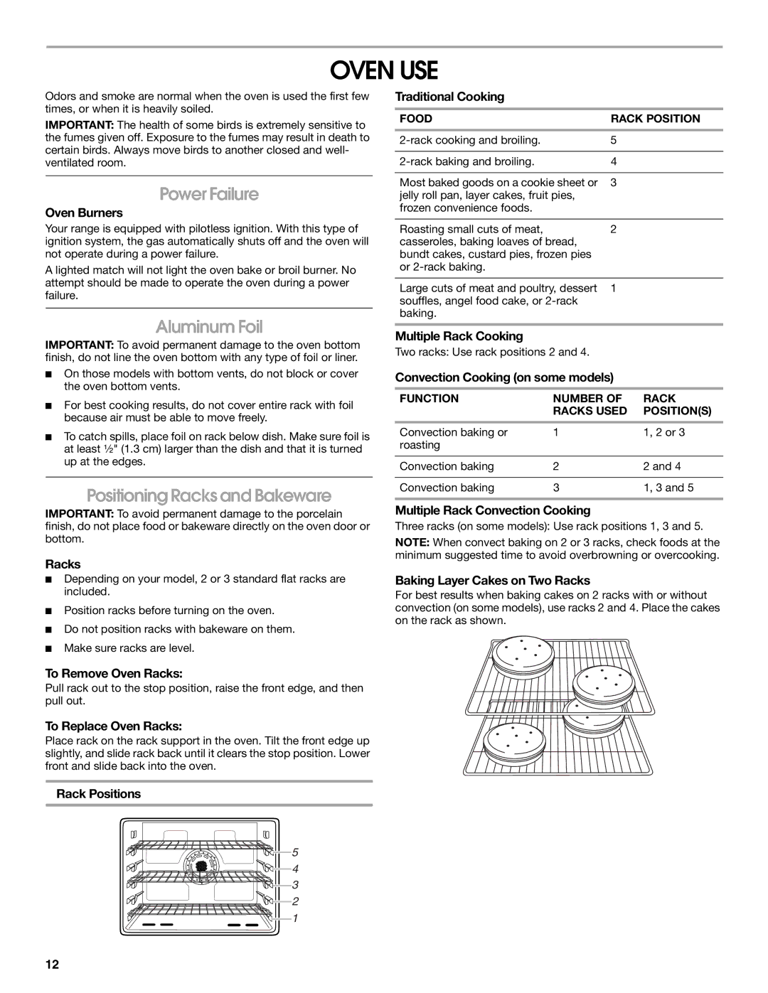 Jenn-Air JGS9900 manual Oven USE, Aluminum Foil, Positioning Racks and Bakeware 