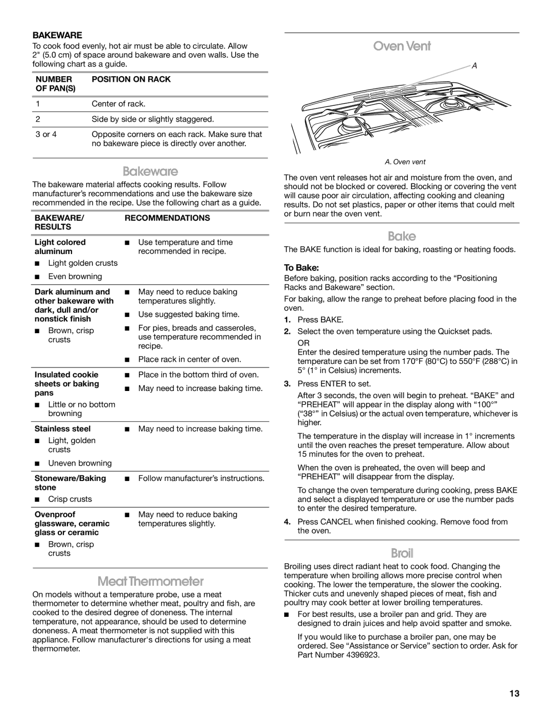 Jenn-Air JGS9900 manual Bakeware, Meat Thermometer, Oven Vent, Broil 