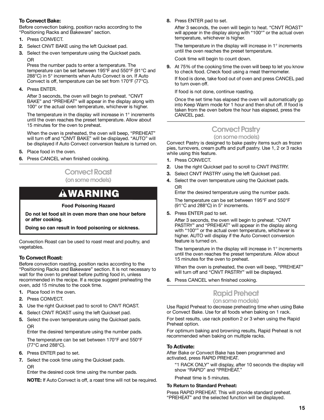 Jenn-Air JGS9900 manual Convect Roast, Convect Pastry, Rapid Preheat 