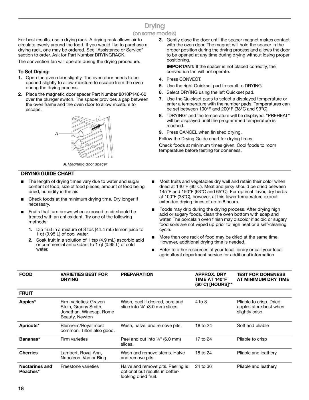 Jenn-Air JGS9900 manual To Set Drying, Drying Guide Chart, Fruit 