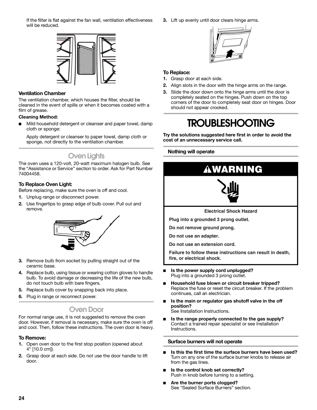 Jenn-Air JGS9900 manual Troubleshooting, Oven Lights, Oven Door 