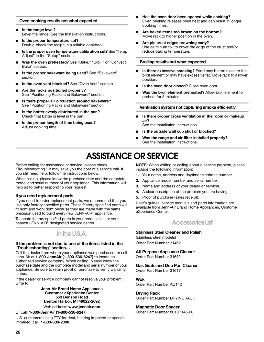 Jenn-Air JGS9900 manual Assistance or Service, U.S.A, Accessories List 