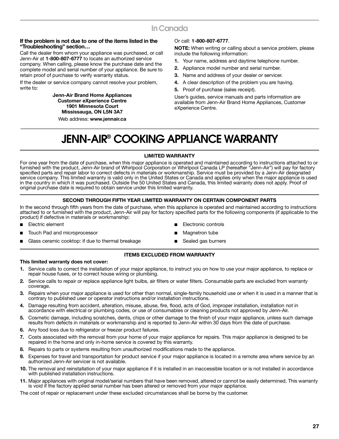 Jenn-Air JGS9900 manual JENN-AIRCOOKING Appliance Warranty, Canada, Limited Warranty, Items Excluded from Warranty 