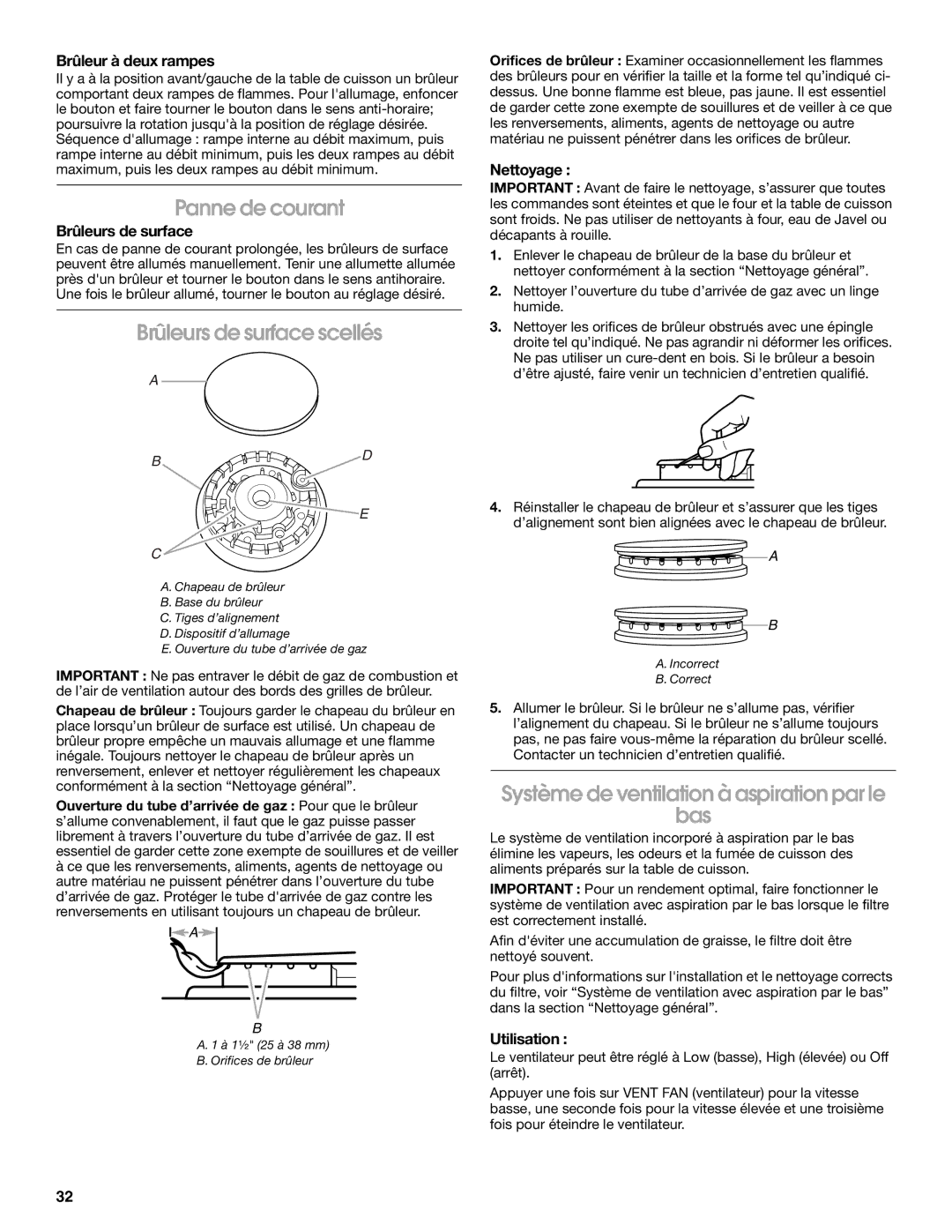 Jenn-Air JGS9900 manual Panne de courant, Brûleurs de surface scellés, Système de ventilation à aspiration par le Bas 