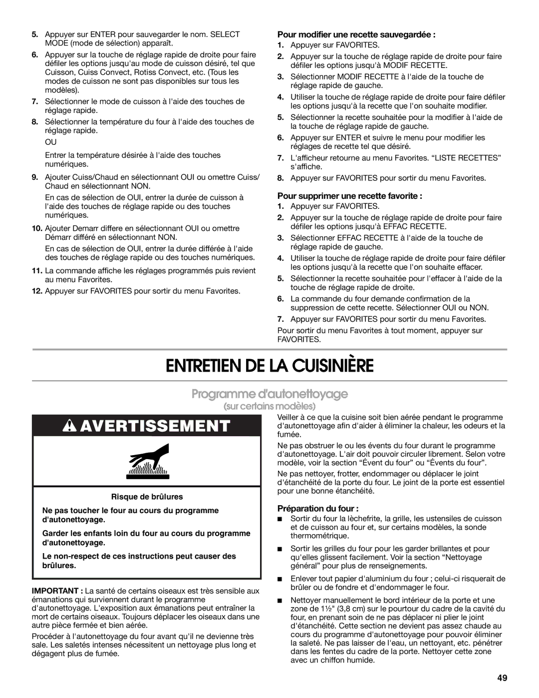 Jenn-Air JGS9900 manual Entretien DE LA Cuisinière, Programme dautonettoyage, Pour modifier une recette sauvegardée 