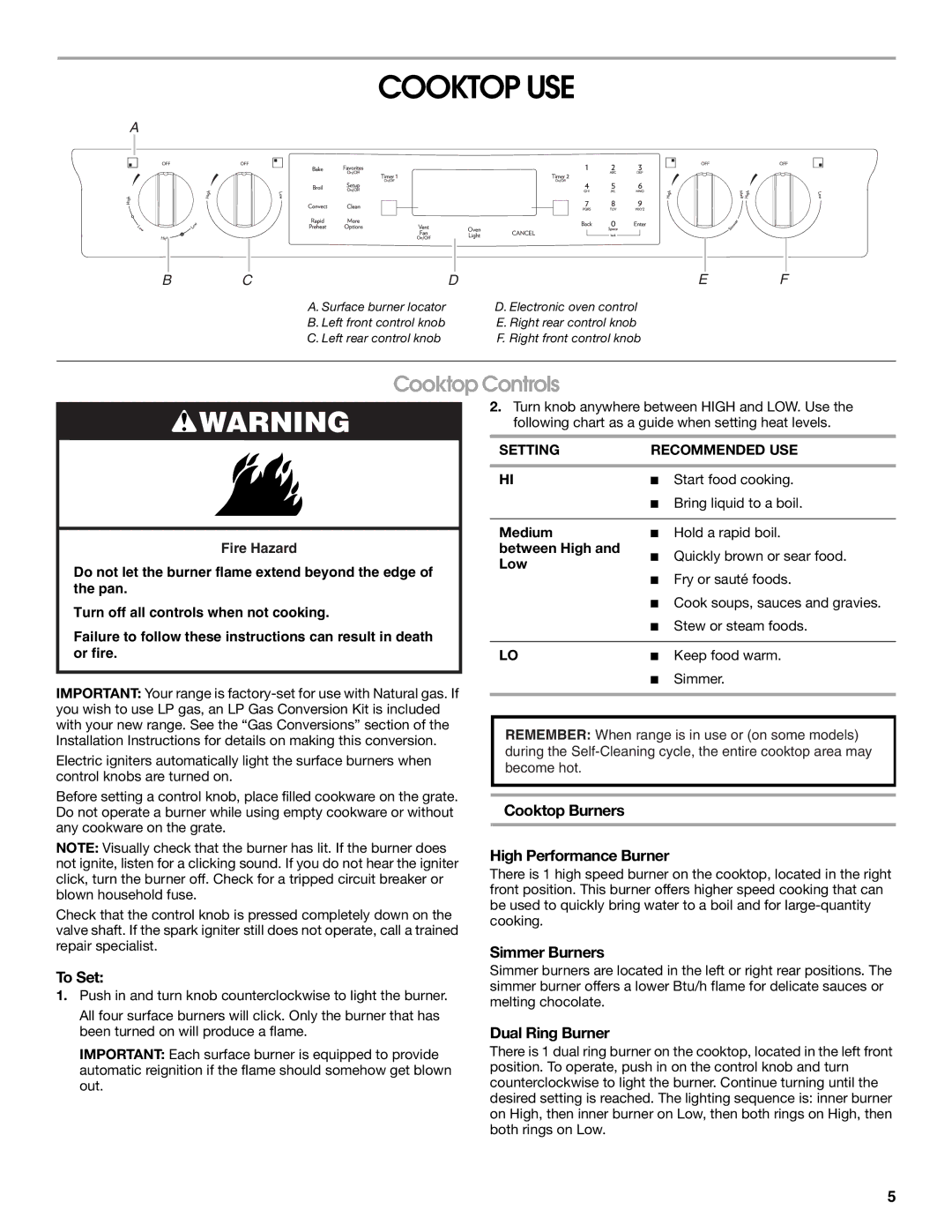 Jenn-Air JGS9900 manual Cooktop USE, Cooktop Controls 