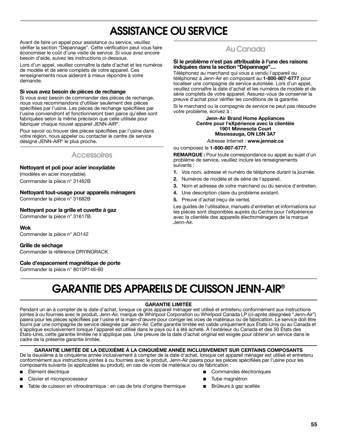 Jenn-Air JGS9900 manual Assistance OU Service, Garantie DES Appareils DE Cuisson JENN-AIR, Accessoires, Au Canada 