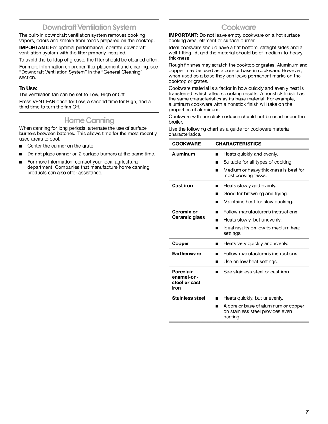 Jenn-Air JGS9900 manual Downdraft Ventilation System, Home Canning, To Use, Cookware Characteristics 