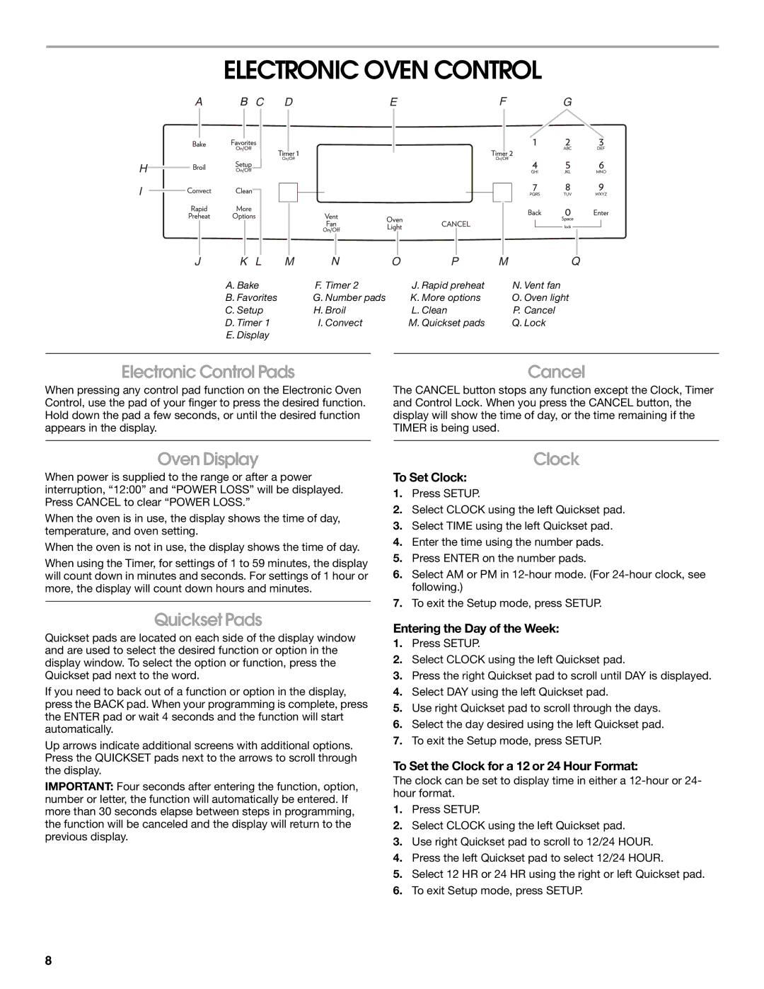 Jenn-Air JGS9900 manual Electronic Oven Control, Oven Display, Quickset Pads, Clock 