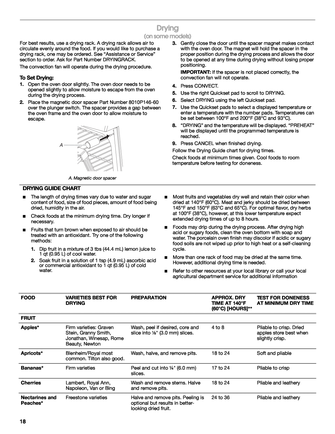 Jenn-Air JGS9900 manual on some models, To Set Drying, Drying Guide Chart 