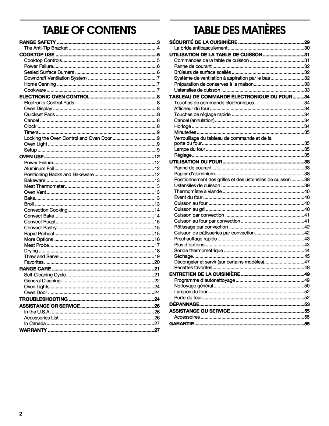 Jenn-Air JGS9900 manual Table Of Contents, Table Des Matières 