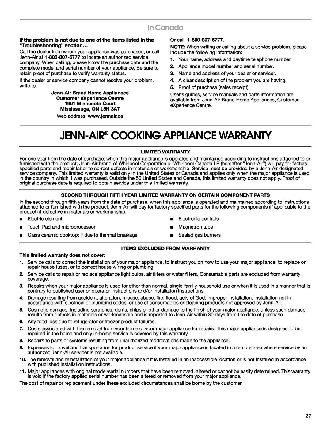 Jenn-Air JGS9900 manual Jenn-Air Cooking Appliance Warranty, In Canada 