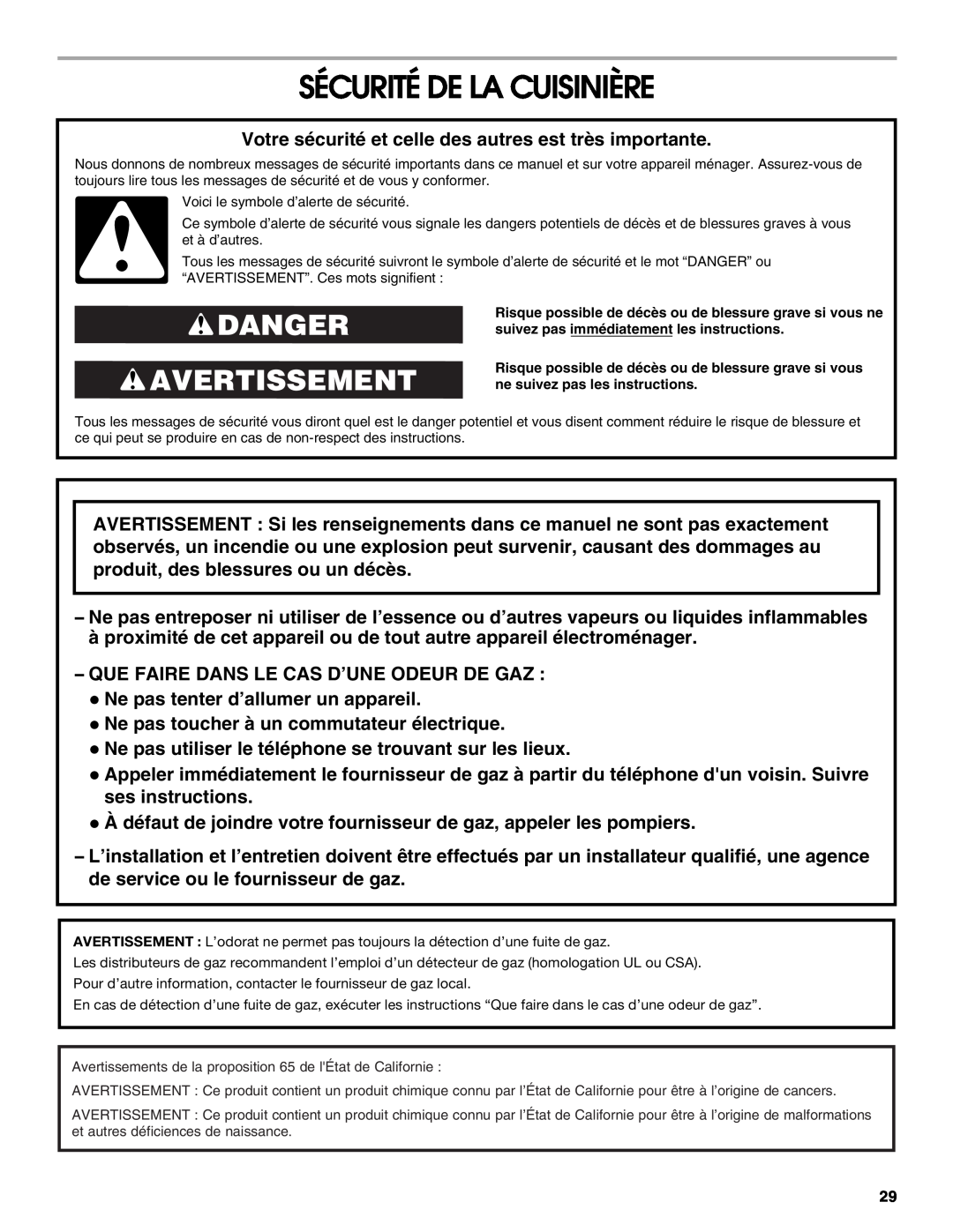 Jenn-Air JGS9900 manual Sécurité De La Cuisinière, Danger Avertissement 