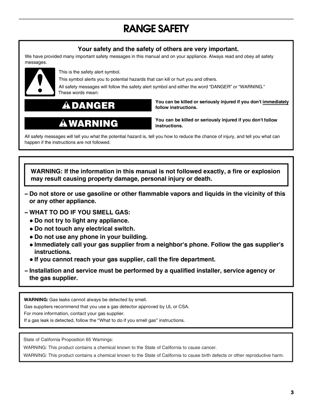 Jenn-Air JGS9900 manual Range Safety, Danger 