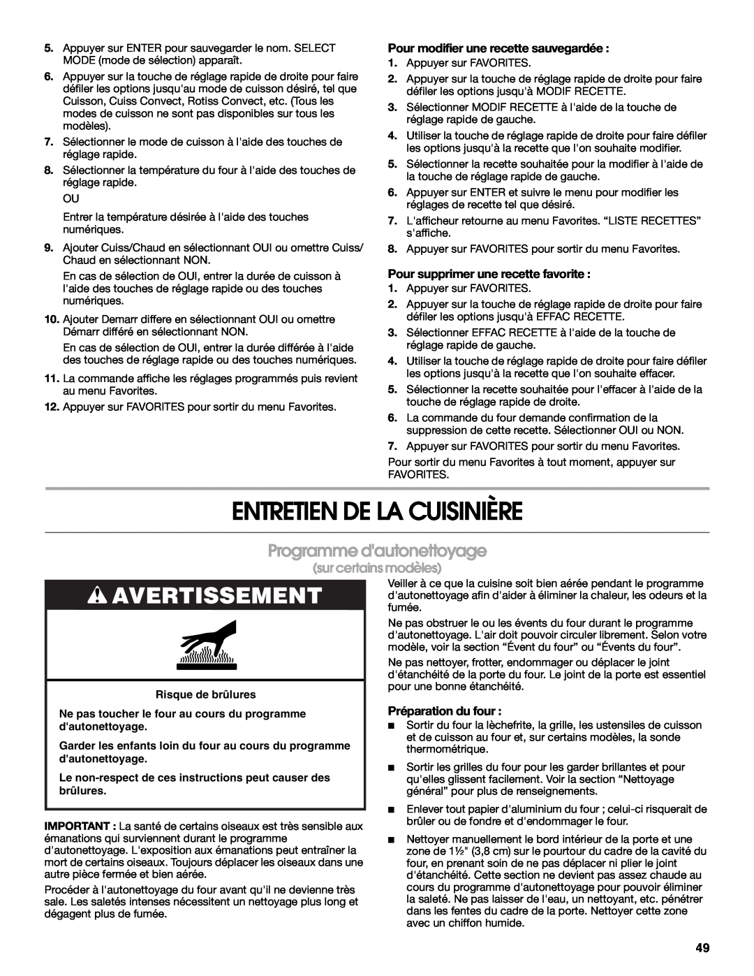 Jenn-Air JGS9900 manual Entretien De La Cuisinière, Programme dautonettoyage, Avertissement, sur certains modèles 