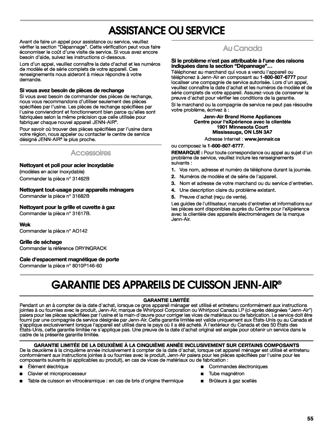 Jenn-Air JGS9900 manual Assistance Ou Service, Garantie Des Appareils De Cuisson Jenn-Air, Accessoires, Au Canada 