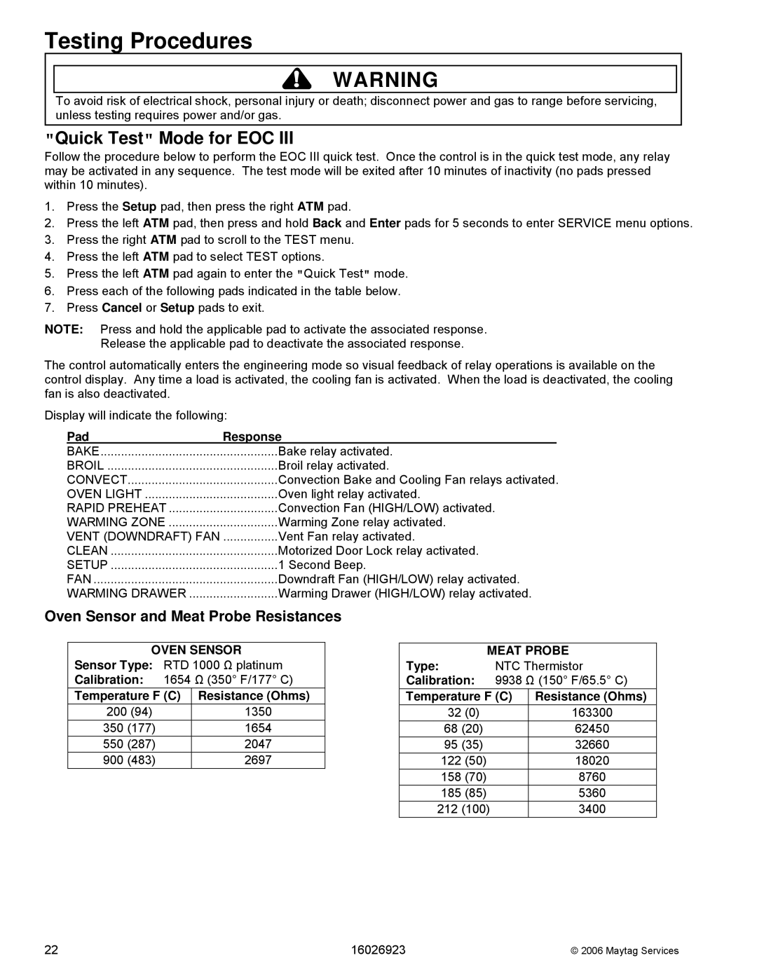 Jenn-Air JGS8750BD, JGS9900BD, JGS8860BD, JGS8850BD manual Quick Test Mode for EOC 