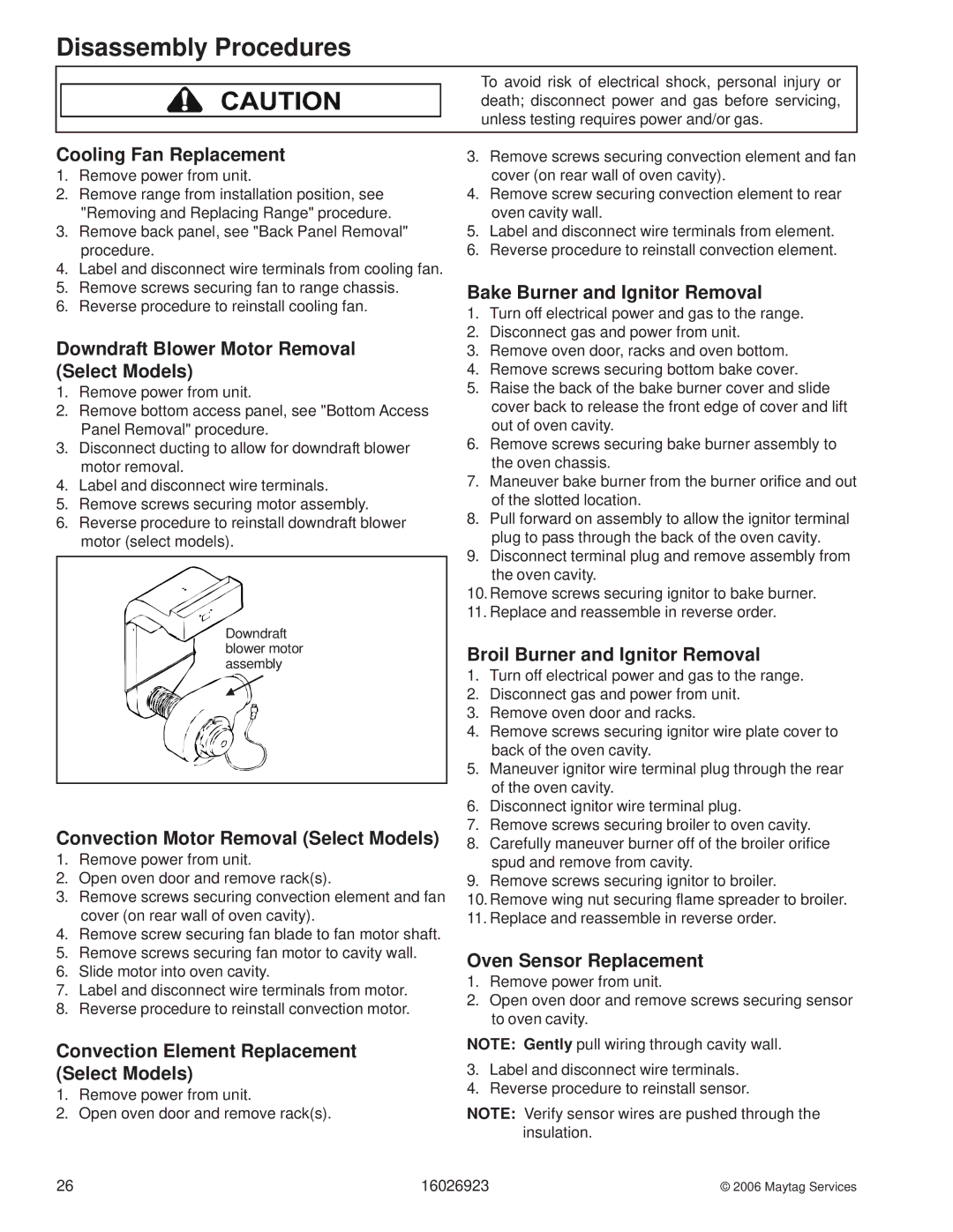 Jenn-Air JGS8750BD, JGS9900BD Cooling Fan Replacement, Bake Burner and Ignitor Removal, Downdraft Blower Motor Removal 