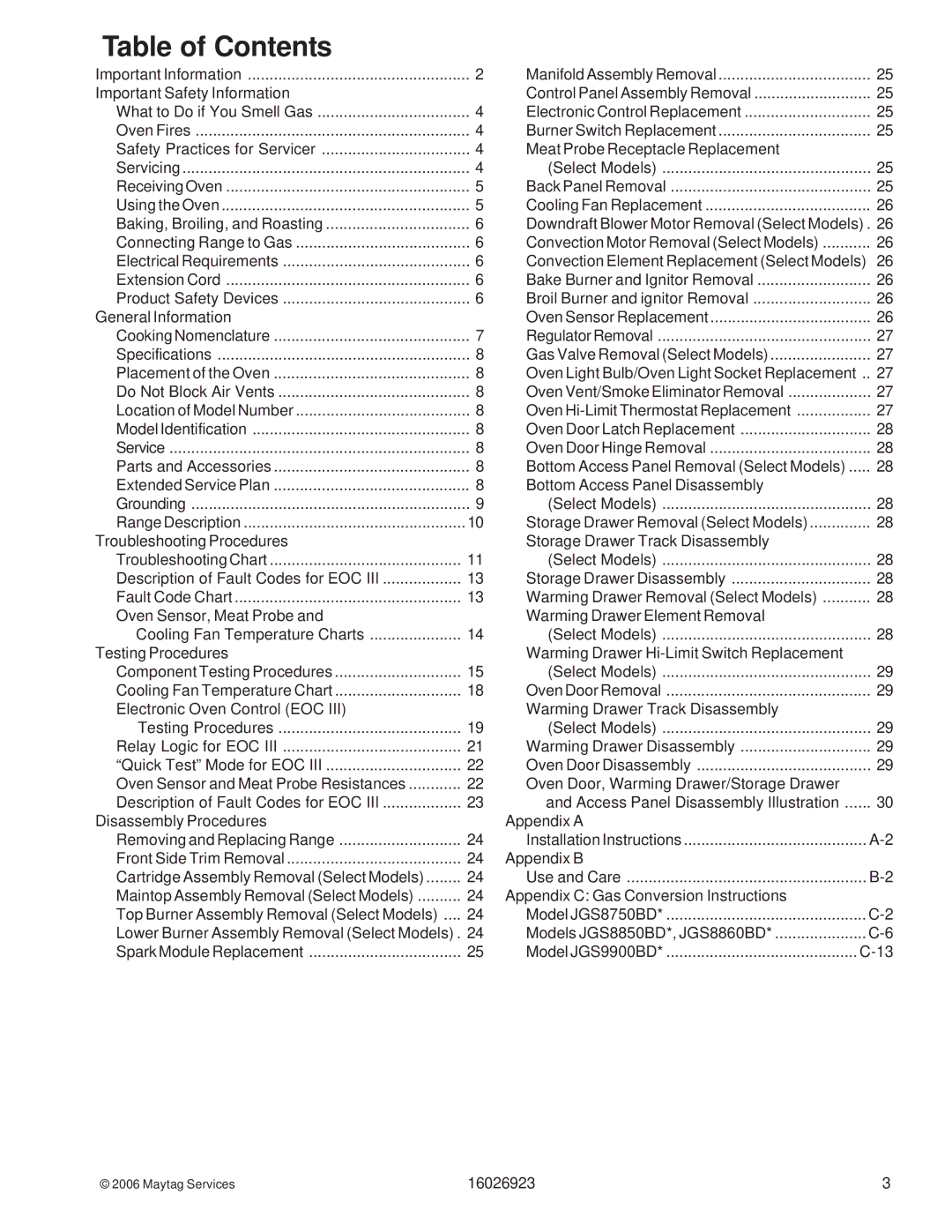 Jenn-Air JGS8850BD, JGS9900BD, JGS8860BD, JGS8750BD manual Table of Contents 