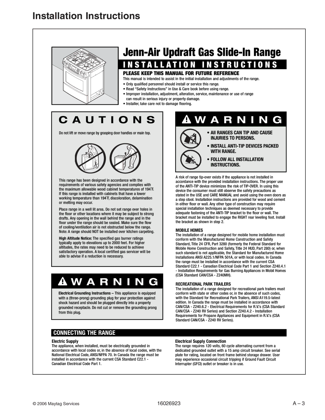 Jenn-Air JGS8860BD manual Electric Supply, All Ranges can TIP and Cause Injuries to Persons, Electrical Supply Connection 